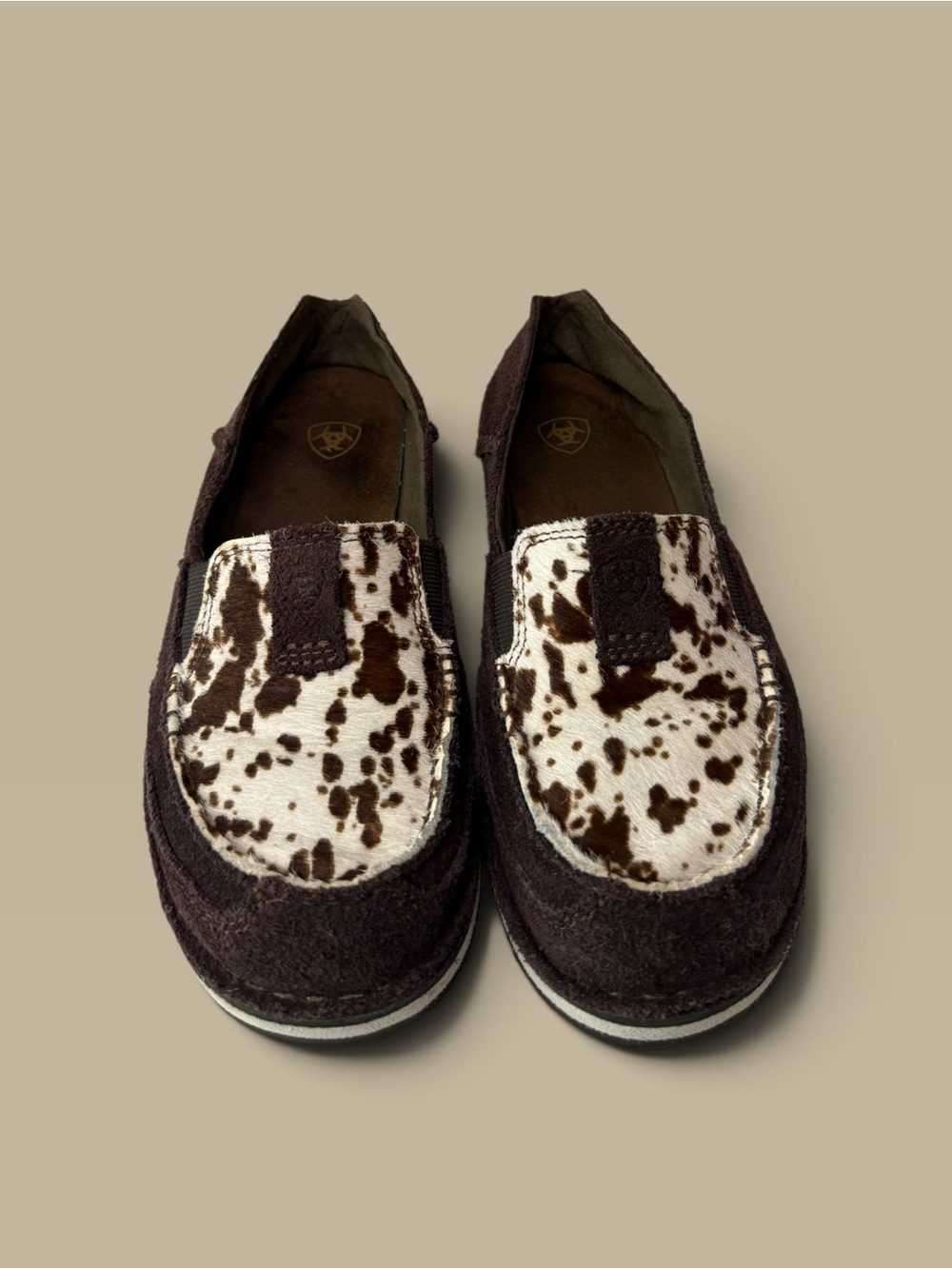 Ariat Brown Suede Loafers with White and Brown Cowhide Accent